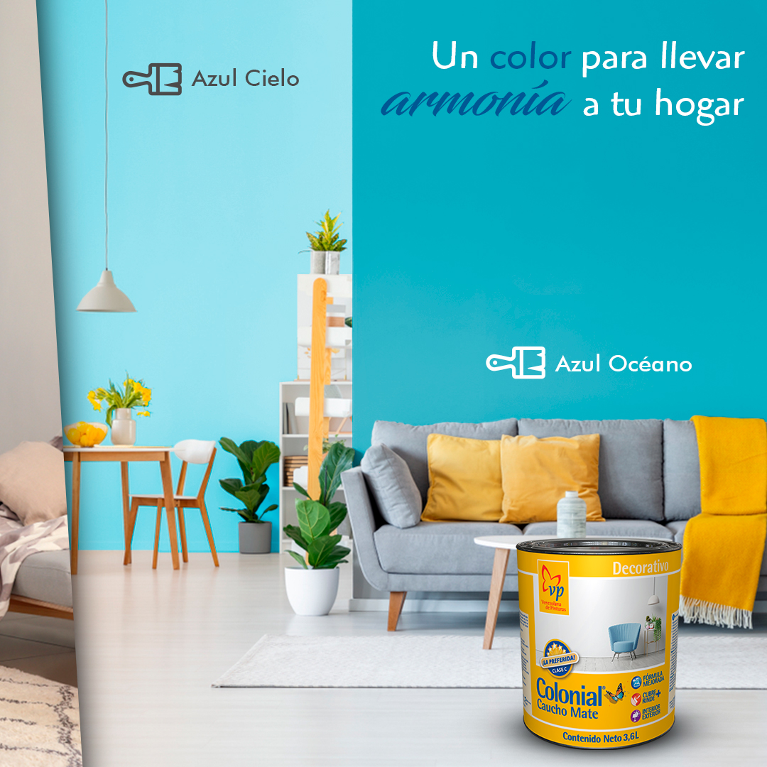 El azul es el color que más asociamos con la simpatía, la armonía y la amistad, todos ellos sentimientos que se alcanzan con el tiempo y que se basan en la reciprocidad.​

Hoy te sugerimos combinar nuestros dos tonos de Colonial Caucho Mate azul cielo y azul océano
#Pintacasavzla
