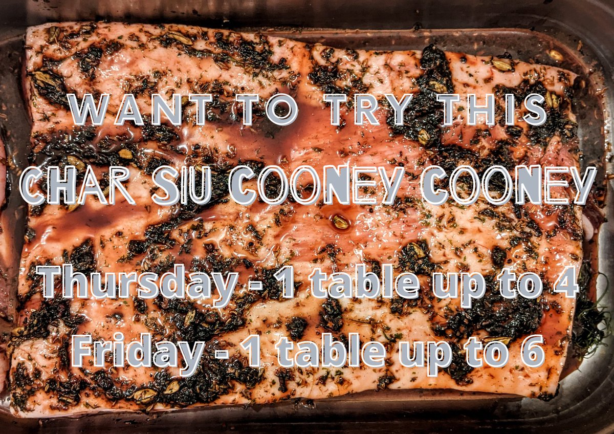 Covid cancellations bring you guys two chances to try this Char Siu Cooney Cooney on our 7 course tasting menu...

Meat from @poptibeast 

We have one table available on:
Thursday 6:30 for up to 4 guests
Friday 6:30 for up to 6 guests