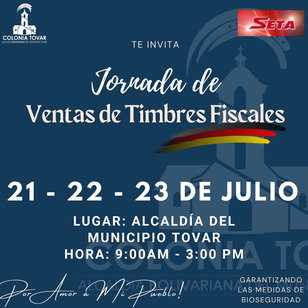 ¡Amigos Contribuyente! 

Los invitamos a una Jornada  de Venta de Timbre Fiscales que se estará realizando los días 'Miércoles, Jueves y Vienes' de 8:00 Am a 3:00 Pm.

Estaremos Ubicados en la Alcaldía Tovar. 

¡Ponte al Día!

#FuerzaPatrioticaPorLaPaz