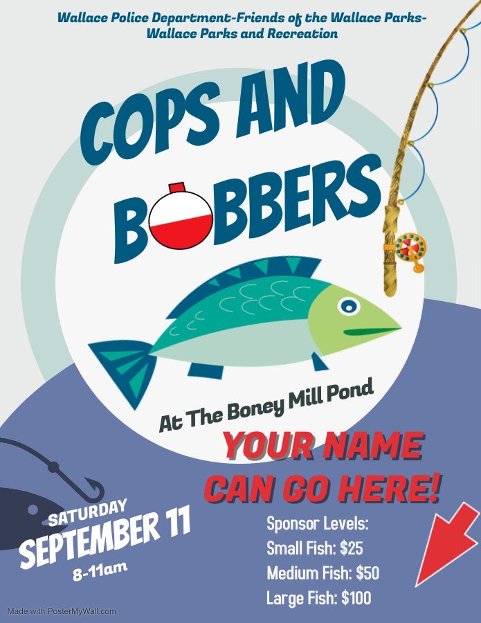 WallacePolice's tweet photo. Cops and Bobbers is a community event that pairs children with local police officers for a fun day of fishing!  This is event is FREE for the kids, but we need your help.

*Registration for the event opens 8/11
  https://t.co/gm1v04gfYP https://t.co/NCOIWC9Xfj