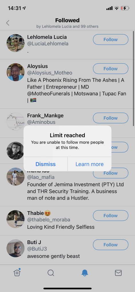 Guys I’ve reached my limit today 💔😭😭
Once im back On following I will Follow Back 🙏🏾❤️

@ButiJ3 
@thabelo_moraba 
@LuciaLehlomela
@Aloysius_Motheo
@Aminobus
@baxrinne
@lao_mafia

#TeamFollowBack