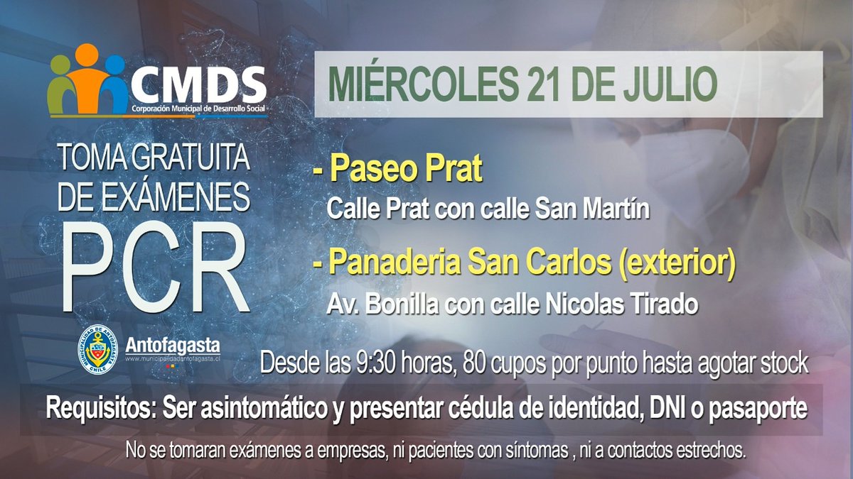 dideco_afta's tweet image. ⚠️ Hoy toma de exámenes #PCR gratuitos en el centro y sector Bonilla. #Antofagasta #CMDS