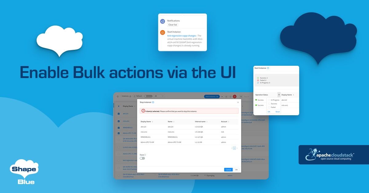 shapeblue's tweet image. @CloudStack Feature First Look: Enable Bulk Actions via the CloudStack UI! A nice new enhancement to improve the user experience by making it possible to perform bulk operations via the UI.
#cloudstack #cloudstackworks #CloudStackUI
See how to use it: bit.ly/3iovE8z