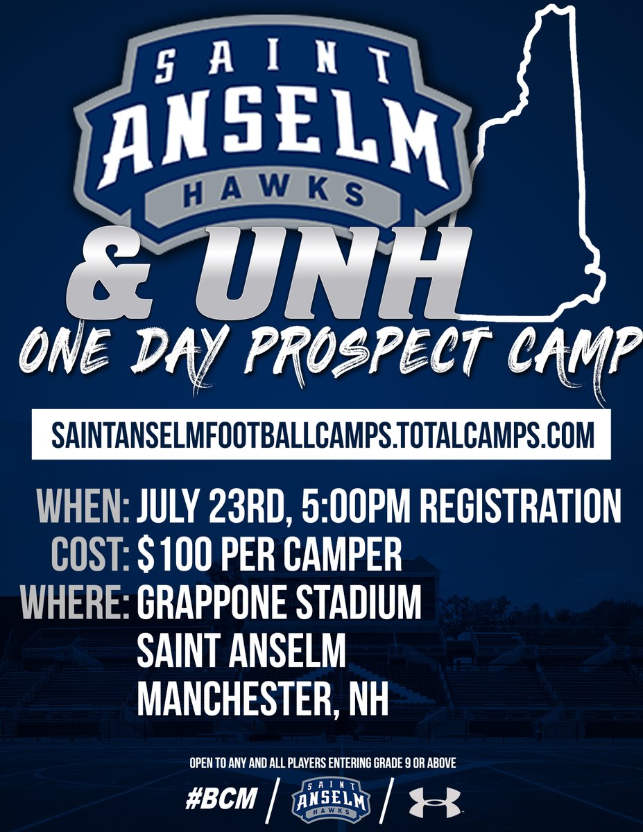 ⏰ Time is running out! 
🚪 Door is closing on open spots!
🏈Granite State Showcase!
🗓 Registration Closes Tonight!
🖊…intanselmfootballcamps.totalcamps.com/shop/EVENT
