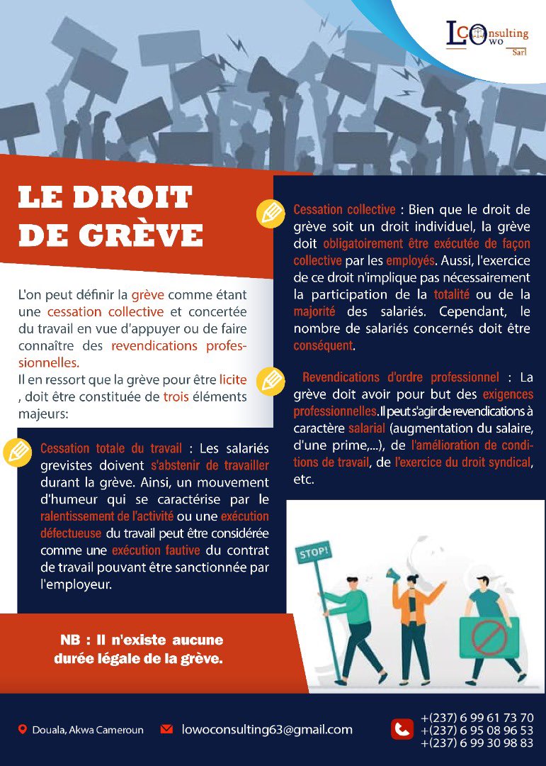 LOWO_LAWFIRM's tweet photo. La notion de grève est bien connue de tous. Cependant , pour être licite, elle doit remplir certaines conditions. 

 #CuriositéJuridique 🇨🇲 https://t.co/NHmDlBhp8y