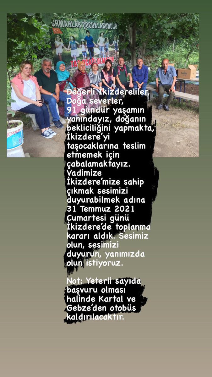 91 gündür yaşamın yanındayız, doğanın bekliciliğini yapmakta, İkizdere’yi taşocaklarına teslim etmemek için çabalamaktayız.
Vadimize İkizdere’mize sahip çıkmak sesimizi duyurabilmek adına 31 Temmuz 2021 Cumartesi günü İkizdere’de toplanma kararı aldık.
@ikizderedireniyor