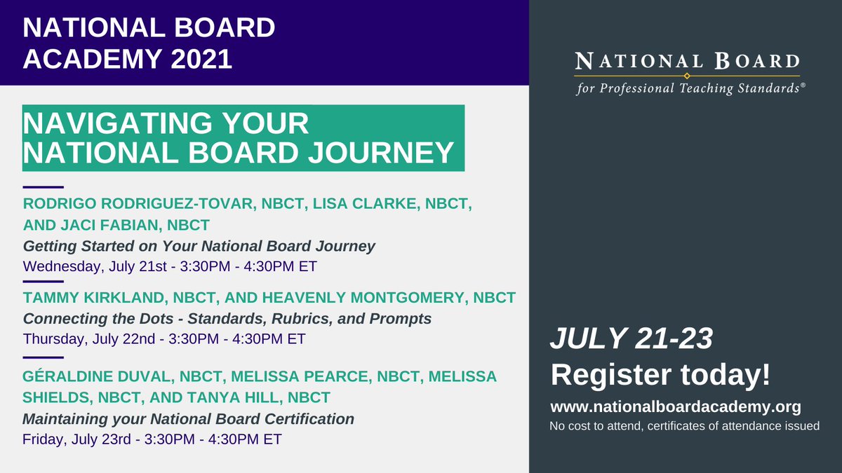 NBPTS's tweet image. It's not too late! Register for the 2021 National Board Academy! The free, virtual conference is open to all educators. We kick off today, and run through the rest of the week! See you there hubs.ly/H0SLn4C0