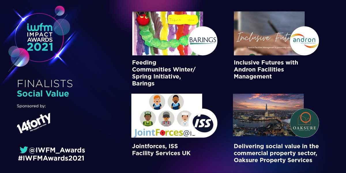 Up for Social Value, sponsored by <a href="/14_forty/">14forty</a> at the #IWFMAwards2021 are:
Feeding Communities Winter/Spring Initiative, Barings <a href="/Barings/">Barings</a>
Inclusive Futures with Andron Facilities Management <a href="/AndronFM/">Andron FM</a>
#IWFMAwards2021 #IWFMFinalists (1/2)