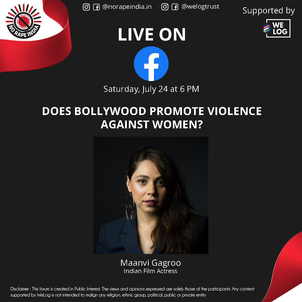 Maanvi Gagroo goes live on Facebook for #NoRapeIndia. Send your questions on contact@welog.co.in. Along with being a brilliant & popular actress in India, Maanvi cares deeply about creating a culture of respect and non violence online. @WeLogTrust @maanvigagroo @ravinarajkohli