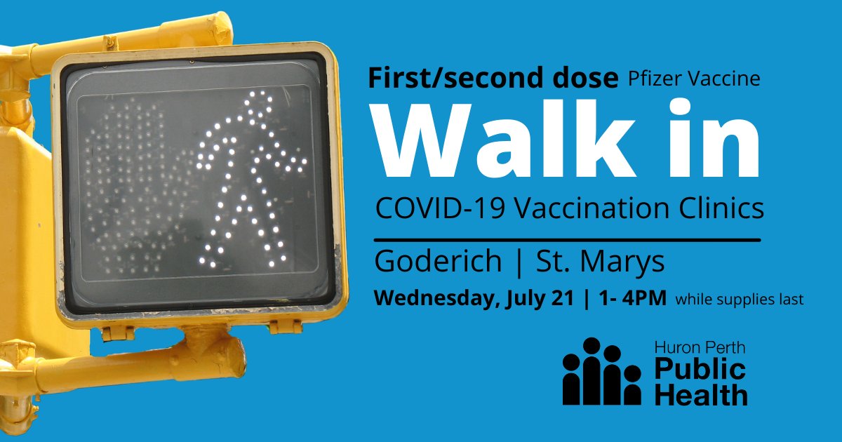 HPPublicHealth's tweet photo. Let's #GetVaxxed Huron Perth! Walk-ins welcome at #Goderich &amp; #StMarys clinics today (July 21) 1-4PM. 1st/2nd #COVID19 Pfizer vaccine. If you have appt. booked you'll still receive vaccine at scheduled time. https://t.co/epx6QxZM1C