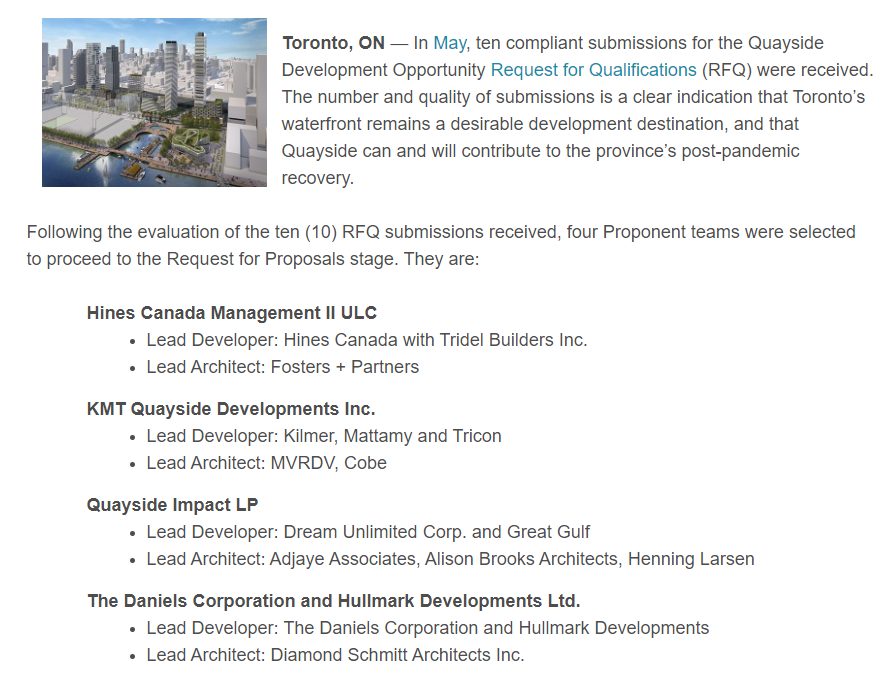 dmrider's tweet photo. News: @WaterfrontTO has released a short list of developers being considered to partner on Quayside district redevelopment, after @sidewalklabs pulled out of the neighbourhood-building project last year. https://t.co/S56NkcWsWz