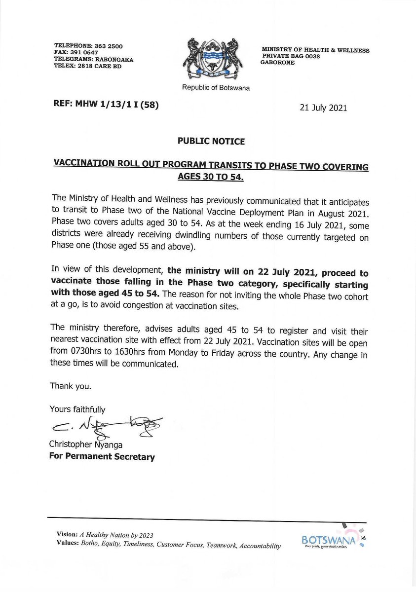 PUBLIC NOTICE
VACCINATION ROLL OUT PROGRAM TRANSITS TO PHASE TWO COVERING AGES 30 TO 54.
