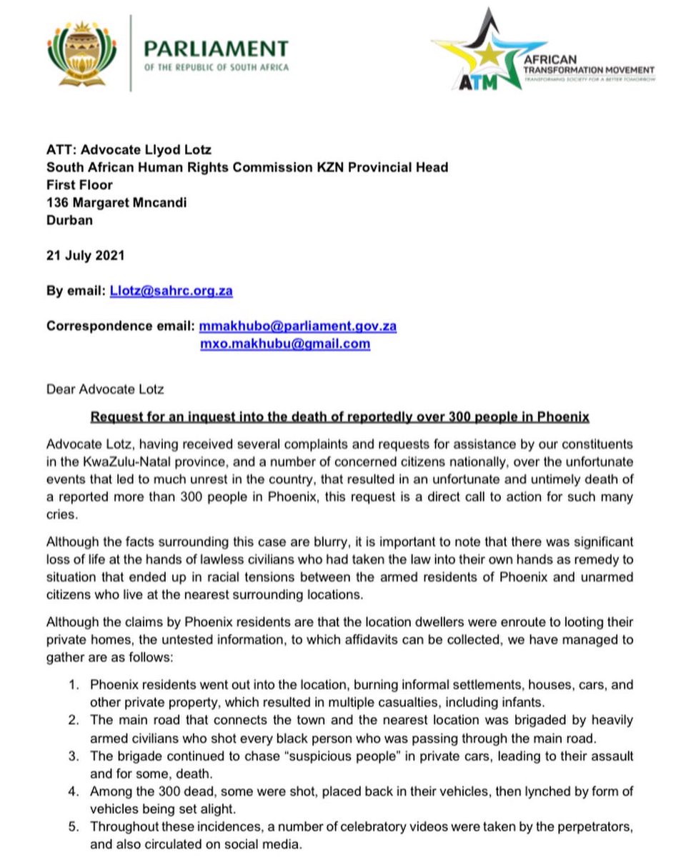 ATMovement_SA's tweet photo. [READ]

ATM President, @ZungulaVuyo, has requested an inquest into the #PhoenixMassacre from the South African Human Rights Commission. 

#PhoenixMassacra https://t.co/OV0iRV01UZ