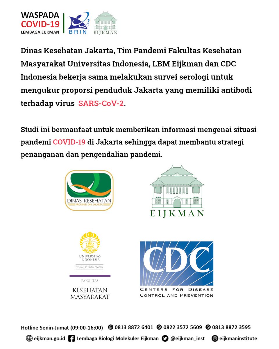 eijkman_inst's tweet photo. Studi yang dilakukan oleh tim gabungan Dinas Kesehatan DKI Jakarta (@dinkesJKT), Tim Pandemi FKM-UI(@fkmui), LBM Eijkman(@eijkman_inst), dan CDC Indonesia tentang survey serologi di DKI Jakarta.

1/2 https://t.co/GKkF74Vtuc