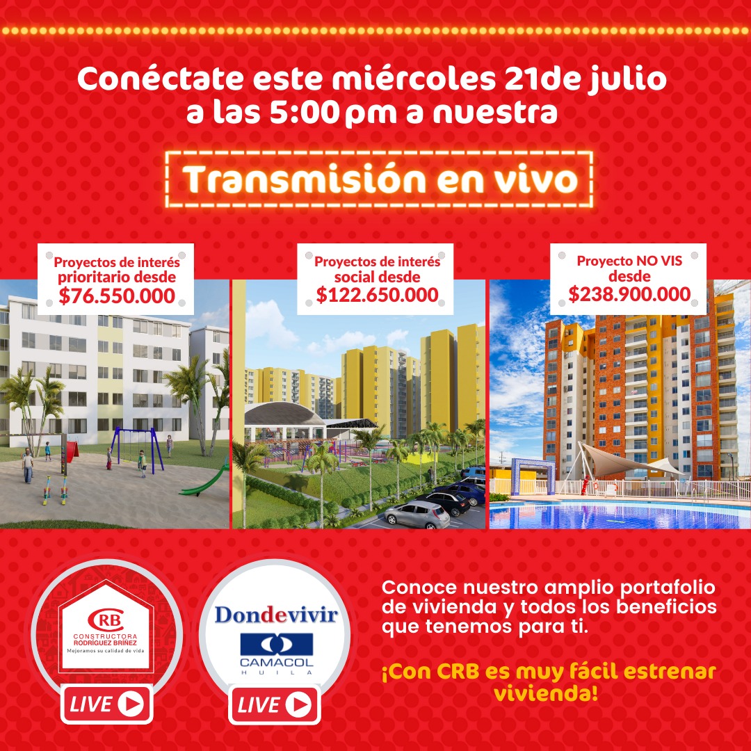 Hoy estaremos con la Constructora Rodríguez Briñez SAS en nuestro Facebook Live desde las 5:00 P.M. donde podrás conocer detalles y beneficios que traen para todos. Los invitamos, no se lo pueden perder.

¡Descubre #DondeVivir!