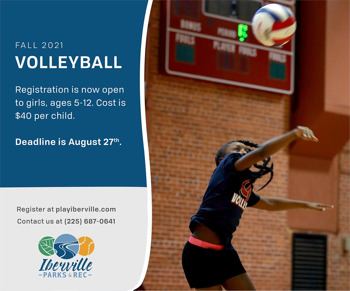 PlayIberville's tweet photo. Volleyball registration is officially open! Forms can be downloaded at https://t.co/YatnQ2WLoq and must be dropped-off at our main office. #playiberville #volleyball #youthsports https://t.co/rMeSIYTzjM