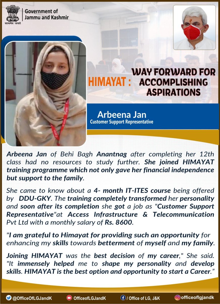The Himayat Program under DDUGKY is making J&amp;K youth atmanirbhar by offering free skill training, assured job placement.
"Joining Himayat training program helped me to start a corporate career,financial independence to pursue my goals&amp;help my family",says Arbeena Jan of Anantnag.