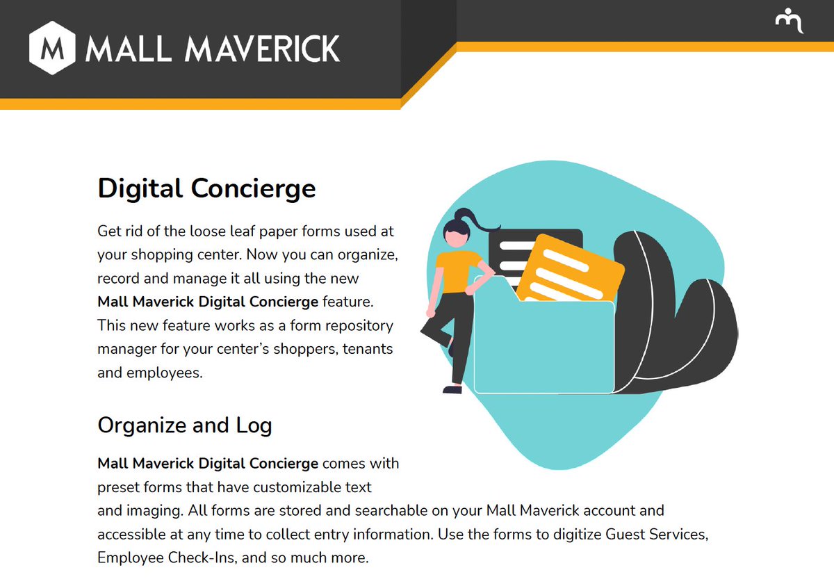 MallMaverick's tweet photo. We're excited to introduce one of our new custom features- Mall Maverick Digital Concierge!

Learn more about it here and get in touch with us today. https://t.co/HnFRQcCJsk

#digitalforms #retailindustry #paperless #digitization #guestservices https://t.co/NIRvWO9saq