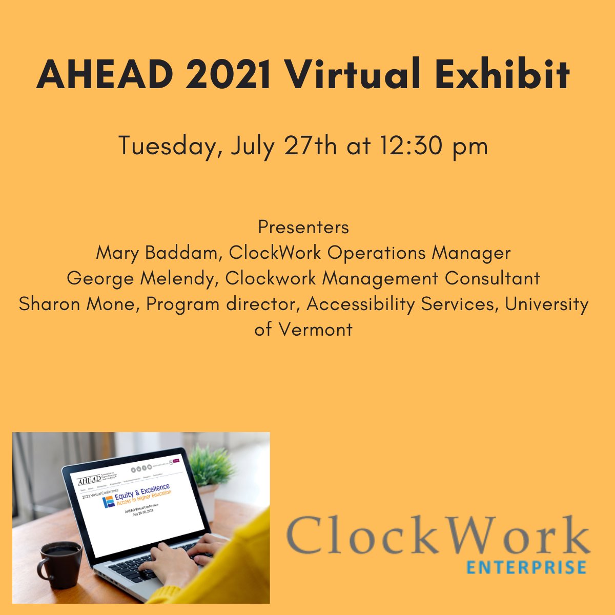 ClockWorkNews's tweet photo. Come Join us at AHEAD 2021 Virtual Exhibit on Tuesday, July 27th at 12:30 pm. #studentservices #accessibilityservices #disabilityservices #studentsupport #studentsuccess #highered #AHEAD2021 https://t.co/r96CIinz37