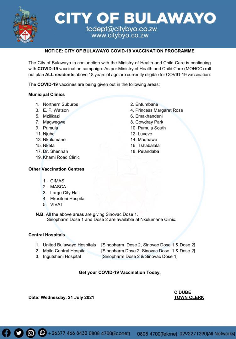 City of Bulawayo 🗣 
Residents over the age of 18 are currently legible for vaccination. Please refer to the vaccination centers below. 

#Covid19 #CovidinZim #Covid19Vaccine #FightCovid #PreventCovid