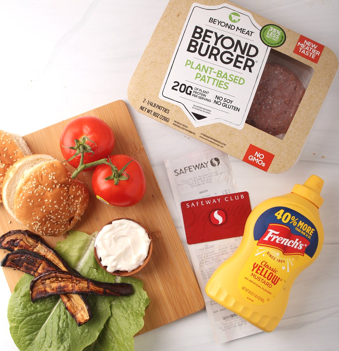 Stock up on @beyondmeat Beyond Burger and @frenchs Classic Yellow Mustard at your local @Safeway. #ad Try my vegan BLT Burger w/ Vegan Bacon. Get a Free 20 oz French's Mustard when you buy a package of Beyond Meat's Beyond Burgers at your local Safeway from 7/21-7/27/21.
