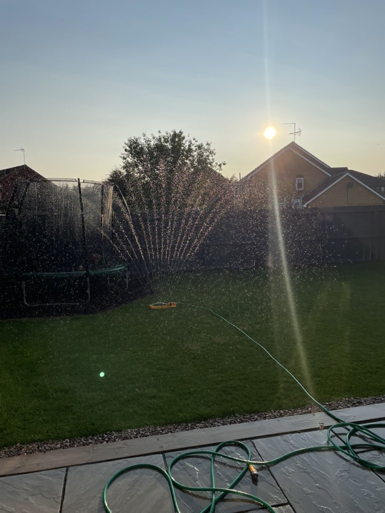 GavinCaney's tweet photo. You know you’re getting old when you just sit and watch your sprinkler doing its thing. Shame it can’t deal with the mega dry/brown patch along the fence caused by the neighbour’s thirsty tree 🤣 #dadlife #lawnproblems https://t.co/zq5shuT8Tz