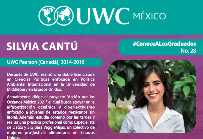 UWCMexico's tweet photo. ¡#ConoceALosGraduados de @UWCMexico!

Silvia Cantú (PC'16) dirige el proyecto “Acción por los Océanos México 2021”. Además, estudia coreano y realiza una práctica profesional como Especialista de Datos y SIG para @VeggieMijas.

Conoce más de ella aquí 👇 https://t.co/v9XWaftKti