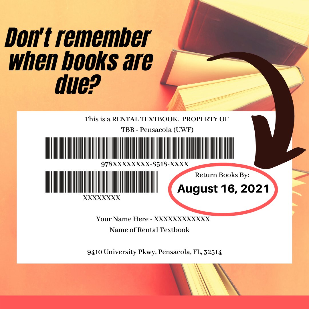 Each rental should have a sticker (with your name on it) on the back of the rental. 
If you want to double check what you have out give us a call or email us 
#rentalsdue #endofsemester #rentals #UWF