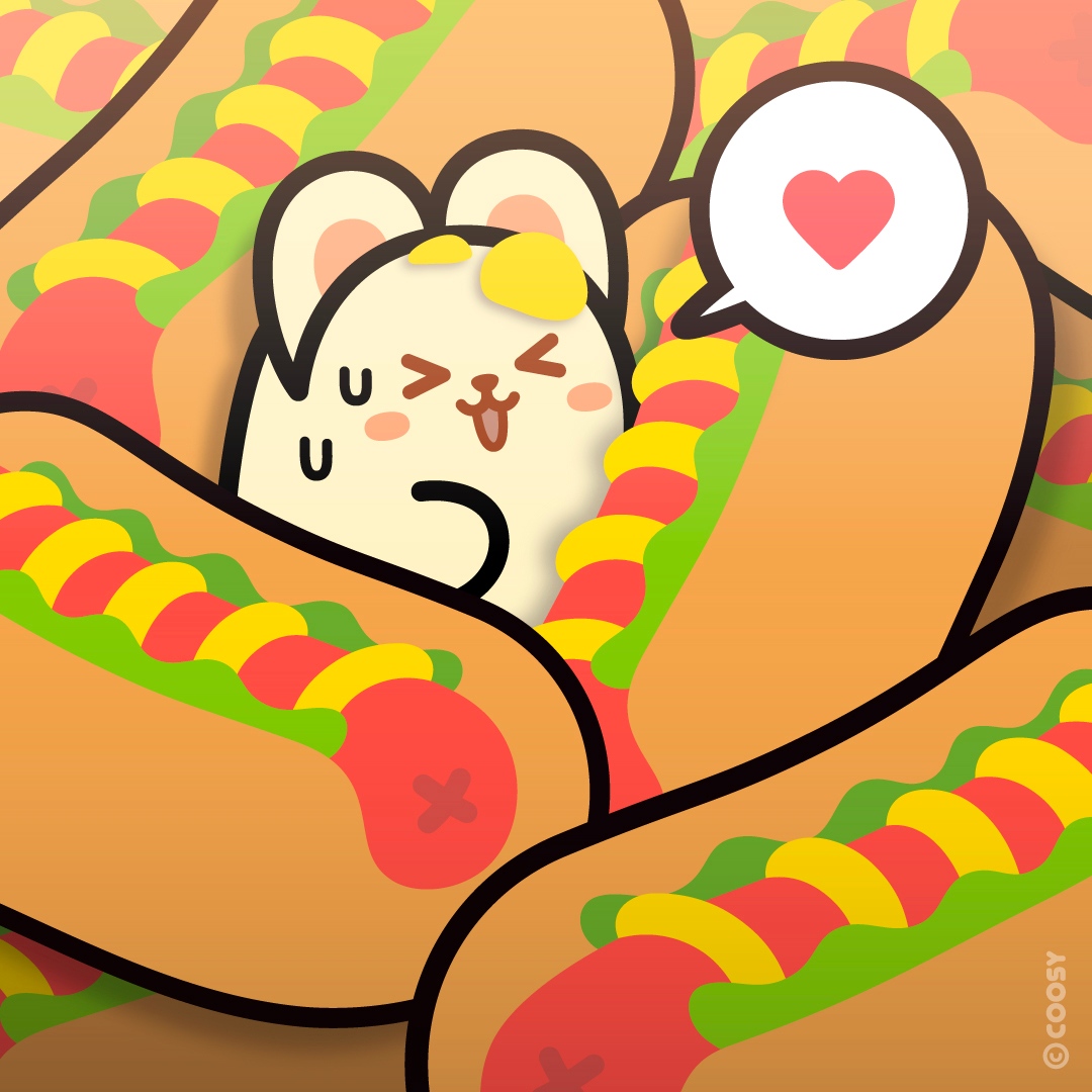anirollz's tweet photo. Bunniroll is in pure bliss because... it's #NationalHotDogDay !🌭
What are your go-to hot dog toppings? ❤️💛
.
#accessibility Illustration of Bunniroll with mustard on their face and surrounded by hot dogs. https://t.co/rrLPVdEkgY
