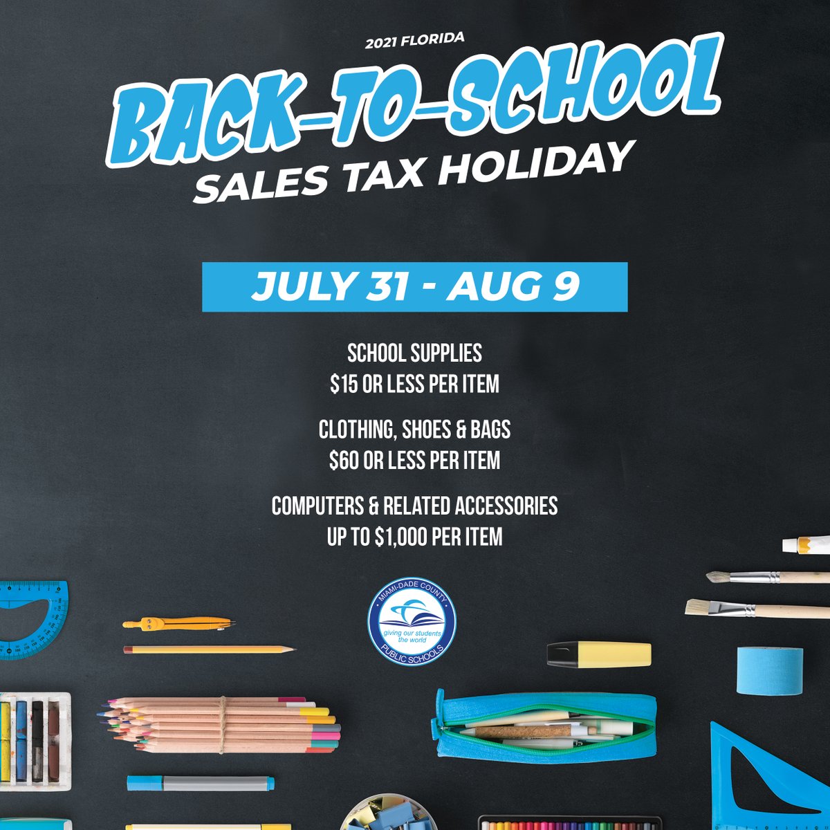 Be school-ready and save big during the #BacktoSchool Sales Tax Holiday from Saturday, July 31 through Monday, August 9. Qualifying items will be exempt from tax during this period, including certain school supplies, computers, clothing, footwear, and more!