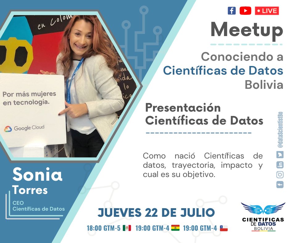 adaindatabo's tweet photo. Meetup: Conociendo a Científicas de Datos Bolivia
En este evento contaremos con la presencia de 
Sonia Torres CEO de Científicas de Datos quien nos contara un poco de como nació esta iniciativa su trayectoria y objetivos
#CientificasDeDatos
#CientificasDeDatosBolivia #datascience https://t.co/Ziu46aprXG