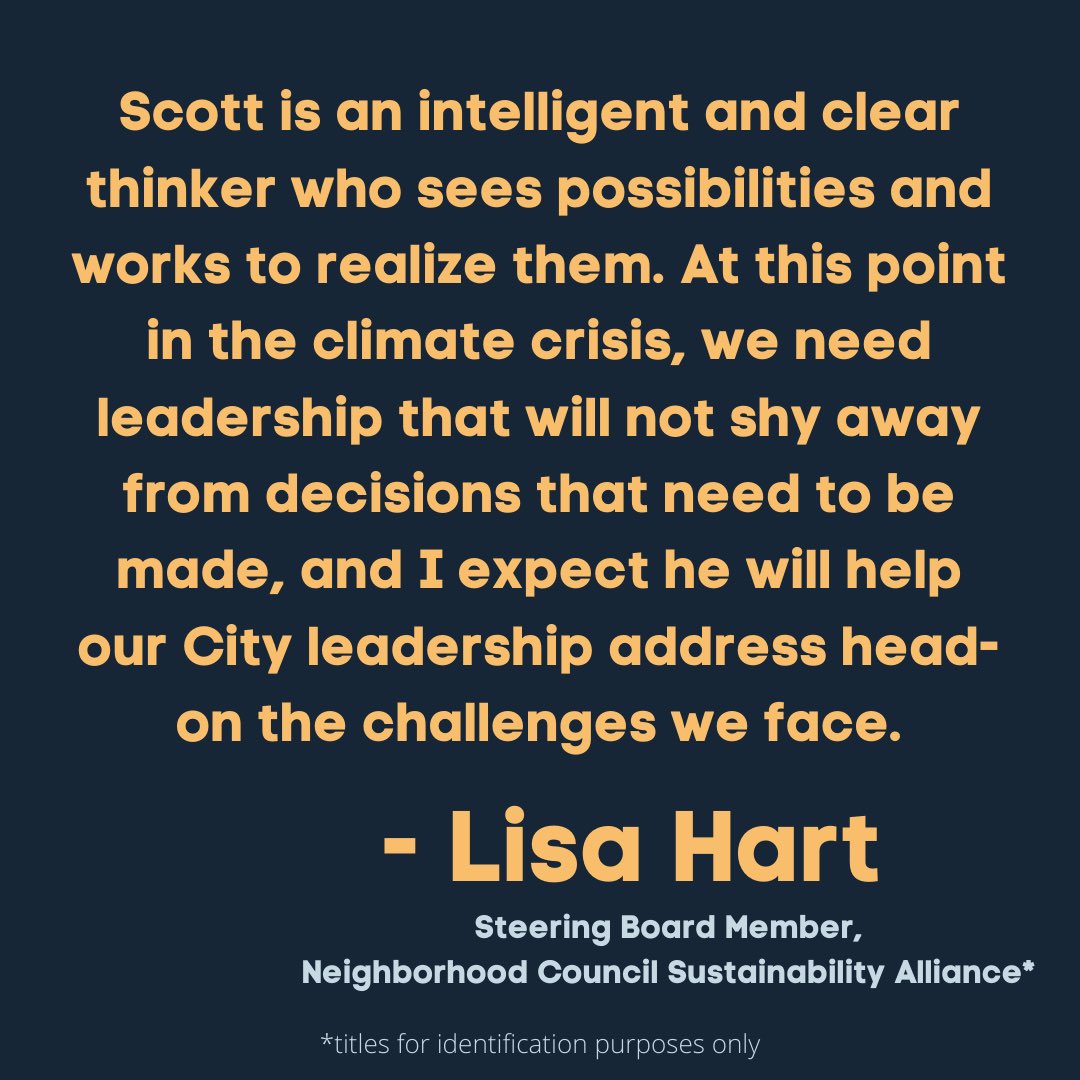 scottforla's tweet image. Thankful to have the support of Lisa Hart, Steering Board Member of the Neighborhood Council Sustainability Alliance. It’s important that we leverage the power of city hall with the help of all Los Angeles neighborhoods in order to tackle our climate crisis. #EndorsementWednesday