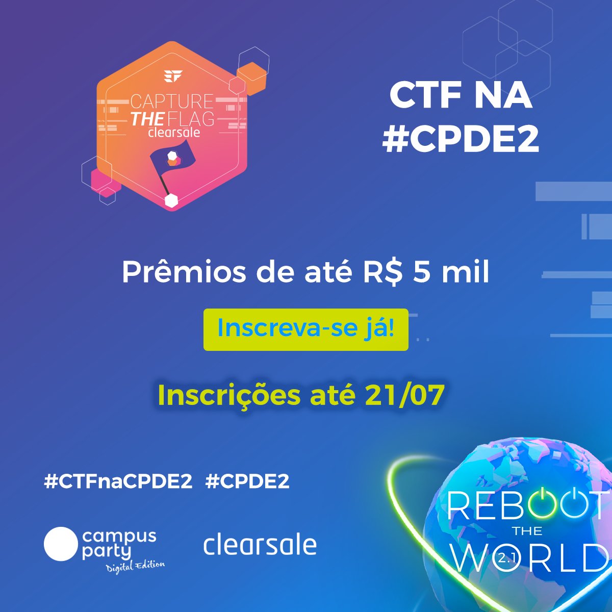 CampusPartyBRA's tweet photo. Se você é desenvolvedor, data science e pira nessas competições de HOJE É SUA ÚLTIMA CHANCE de entrar no nosso #CTF! ⬇
Serão R$ 10.000,00 distribuídos em prêmios para os 3 primeiros colocados!
Inscreva-se!
https://t.co/SGZSuE0qd3
#CPDE2 #CPLatam #CPBR #Clearsale #DataScience https://t.co/i2qsQOcRB8