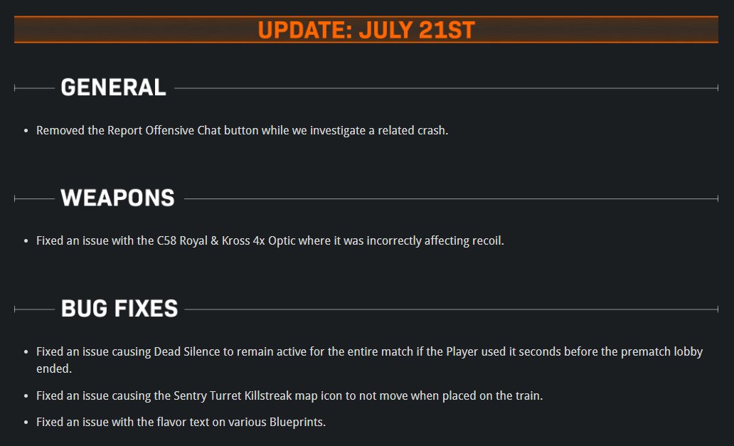 RavenSoftware's tweet photo. 🛠️A #Warzone update is going live now!

Includes Bug Fixes for the C58 (BOCW) Royal &amp; Kross 4x Optic recoil, infinite Dead Silence, and more.

The Season Four Reloaded patch notes have been amended (see July 21st): https://t.co/Gs7p4fzmoM