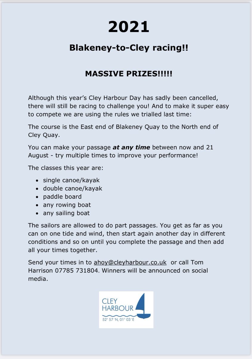 CleyNorfolk's tweet photo. Although we’ve sadly cancelled this year’s Cley Harbour Day, the Blakeney to Cley races are still very much happening! You basically time yourself, so why not pick your moment and give it a go?! Great prizes for sailers, kayakers/canoeists, rowers &amp; SUPers!! @BHAssociation Pls RT https://t.co/JFvmLUH03N