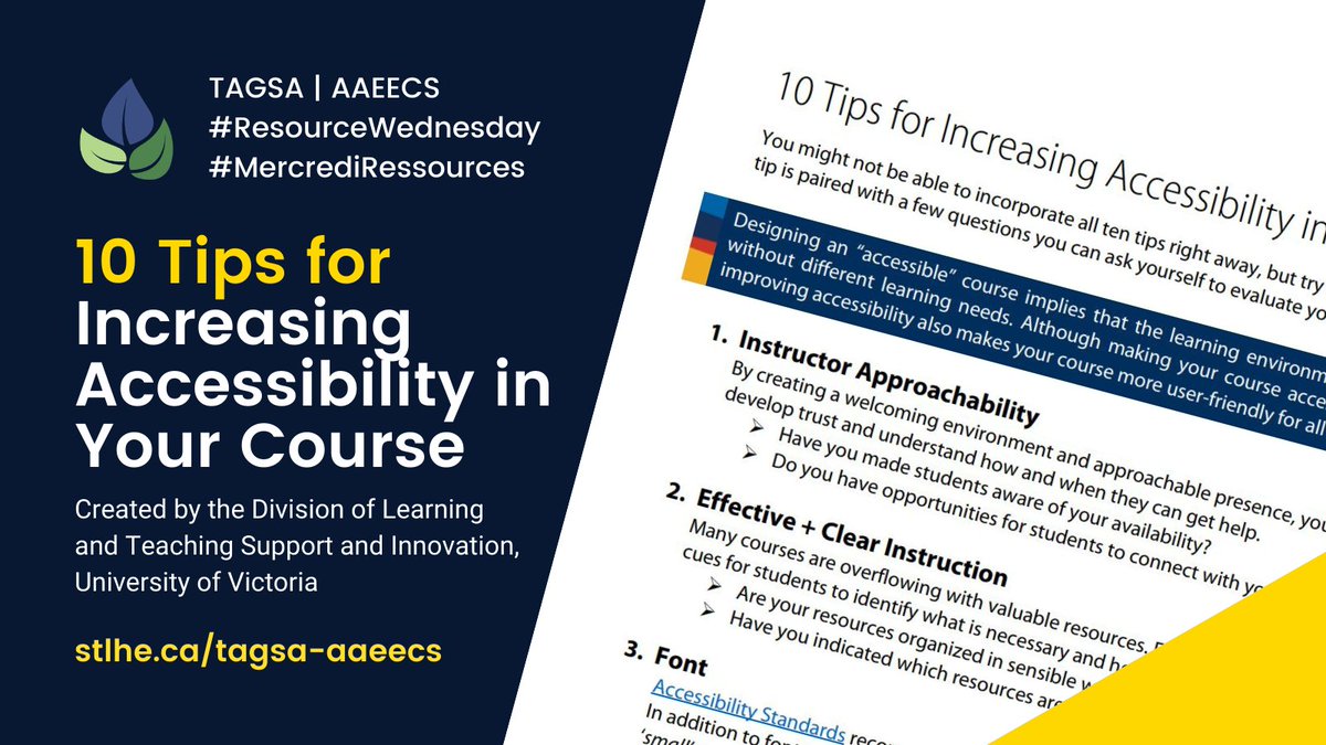 TAGSA_AAEECS's tweet photo. #TAGSA_AAEECS #ResourceWednesday #MercrediRessources 10 Tips for Increasing Accessibility in Your Course by @uvic https://t.co/i4EwHDMak7 #TeachingAndLearning #HigherEducation #TeachingAssistant #GraduateStudent #STLHESAPES https://t.co/ZHpciwczon https://t.co/uh5iEJwzbU