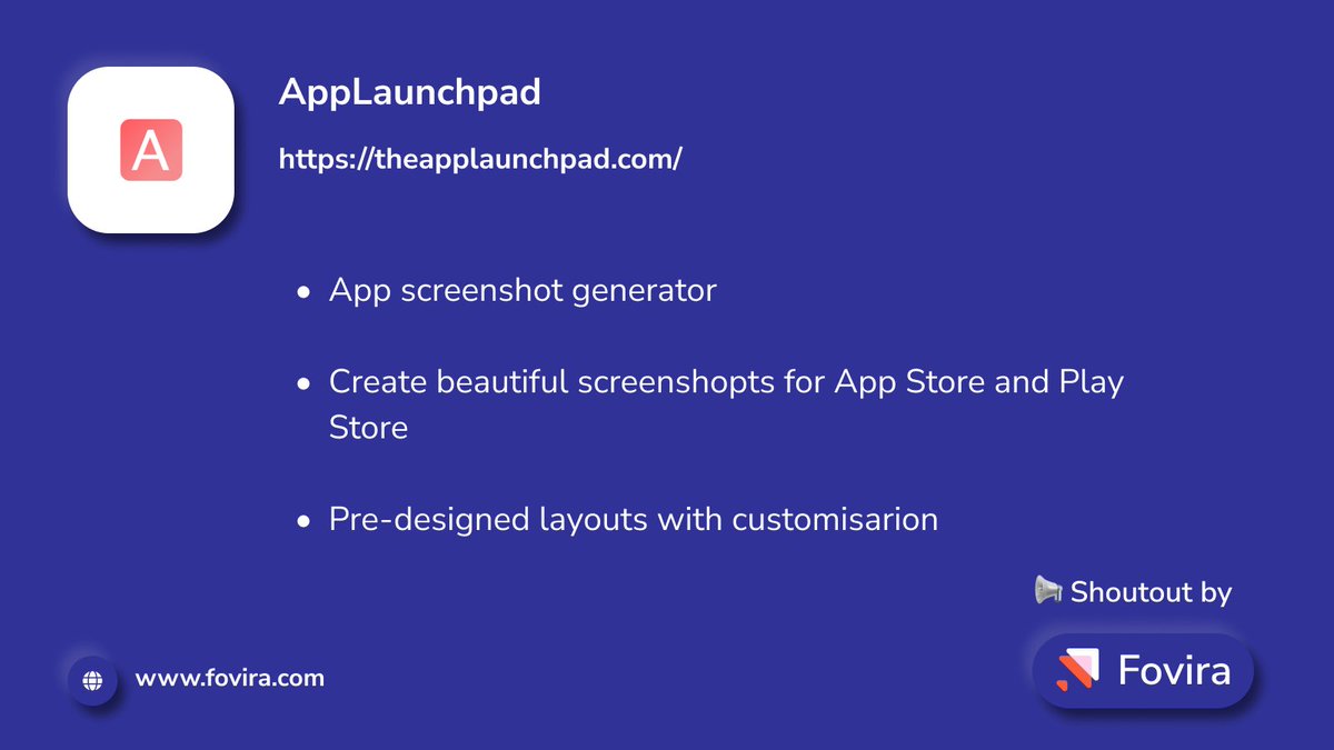foviratech's tweet photo. 📢 Shoutout #42: AppLaunchpage - App screenshot generator

Get it from - https://t.co/etncpDKI5i

#FoviraShoutout #smallbusinesstips #marketing #screenshot #app #mobileapp #playstore #appstore #digitalmarketing #android https://t.co/yGR1qkQYyh