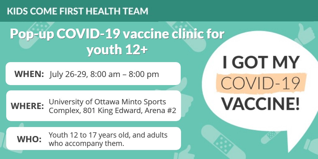 CHEO's tweet photo. ⭐Teens⭐ get your vaccine in time for #back2school! Join #CHEO and our partners at the #KidsComeFirst Health Team's pop-up #COVID19 vaccine clinic:
 📅July 26-29. 
🚶 Walk-ins are available all day, no appointments! 
Details: https://t.co/6ZclQ6W0Yf
🙏 Please tell your friends! https://t.co/n0S6k3ktBt