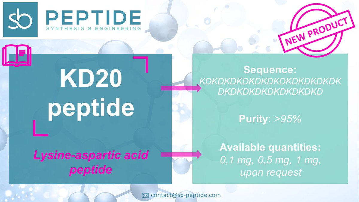 SBPEPTIDE's tweet photo. SB-PEPTIDE offers a new product: KD20 peptide.

KD20 peptide is a lysine-aspartic acid peptide with 20 repetitions of KD sequence. KD20 is used in immunology research thanks to its ability to stimulate CD4+ T cells.

Get a quote: https://t.co/yq5CmYz5fY

#peptides #immunooncology https://t.co/Bhm1B8qolu