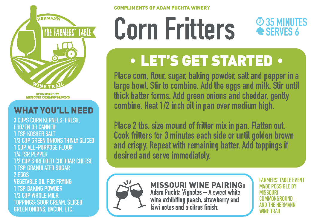 MOCommonGround's tweet photo. One last recipe from this year's #FarmersTableWineTrail. Check out the corn fritters from @AdamPuchtaWines and learn more from corn farmer Addie Yoder at https://t.co/1wfzo2TDdp #winetrailwednesday https://t.co/Qx7KjFssEh