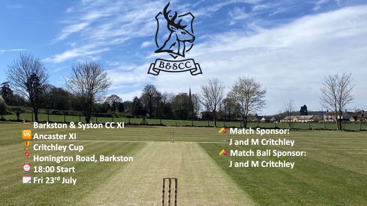 Barkston & Syston CC (@bandscc) on Twitter photo Friday Night Lights at Honington Road
The Stags take on <a href="/AncasterCC/">Ancaster CC 🏏</a> on Friday night for the second instalment of the Critchley Cup.
Drinks and food will be supplied throughout the game, so make sure you come down and enjoy some local cricket in the sun.
#TheStags🦌 #BSCC Friday Night Lights at Honington Road
The Stags take on <a href="/AncasterCC/">Ancaster CC 🏏</a> on Friday night for the second instalment of the Critchley Cup.
Drinks and food will be supplied throughout the game, so make sure you come down and enjoy some local cricket in the sun.
#TheStags🦌 #BSCC