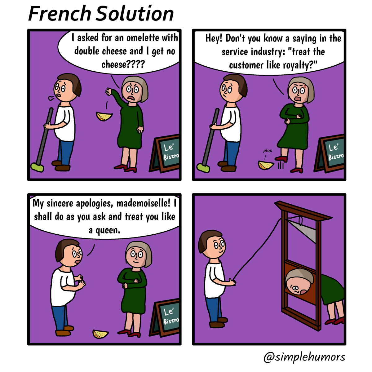 SimpleHumors's tweet photo. I know it was Bastille day last week, but I'm not exactly the most punctual on celebrations and events 😅. 

#art #cartoon #comics #drawing #humor #simple #SimpleHumors #webcomic #webcomics #originalcomic #bastille #bastilleday #french #guillotine #chop #darkhumor #karen https://t.co/DMKEf1yhRH