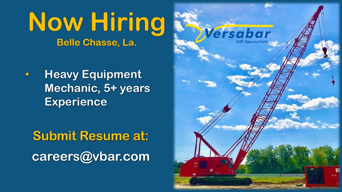 IncVersabar's tweet photo. Versabar is looking for a Heavy Equipment Mechanic to join our team at the Belle Chasse Facility. Please submit resume at careers@vbar.com https://t.co/YlJvAFoXgS
