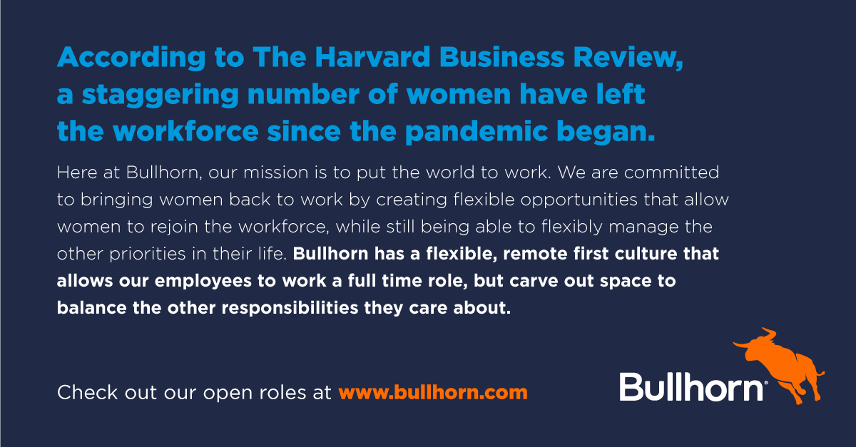 LifeAtBullhorn's tweet photo. At @Bullhorn, we are committed to creating flexible and exciting opportunities to bring women back to work. We understand the importance of managing a career while balancing life's many priorities. https://t.co/3IVhG6DM2g #LifeAtBullhorn #IncredibleExperiences #NowHiring https://t.co/h2tSym3zHd