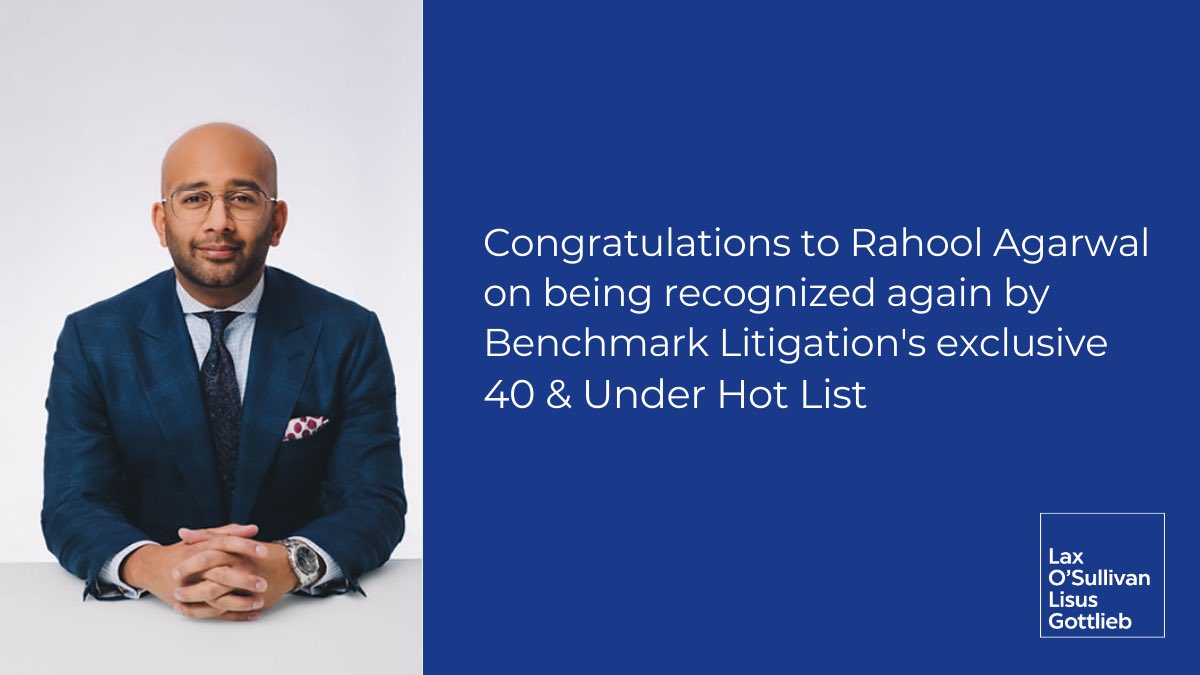 Congratulations to <a href="/rahoolagarwal/">Rahool Agarwal</a>, recognized once again by <a href="/BenchLitigation/">Benchmark Litigation</a> as one of Canada’s leading litigators in its annual 40 &amp; Under Hot List! bit.ly/3wY08nb
#LOLG #Litigation #BenchmarkLitigation