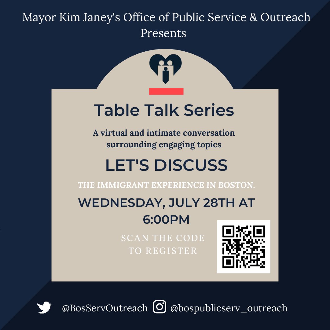SparkBoston's tweet photo. Join @BosServOutreach for another Table Talk conversation next Wednesday at 6:00 PM. Register here to share your immigrant experience with other Bostonians ➡️ https://t.co/4MhWLhdrKP #SPARKChange #VirtualTalkBoston #CivicBos https://t.co/HEXIqz0mTb