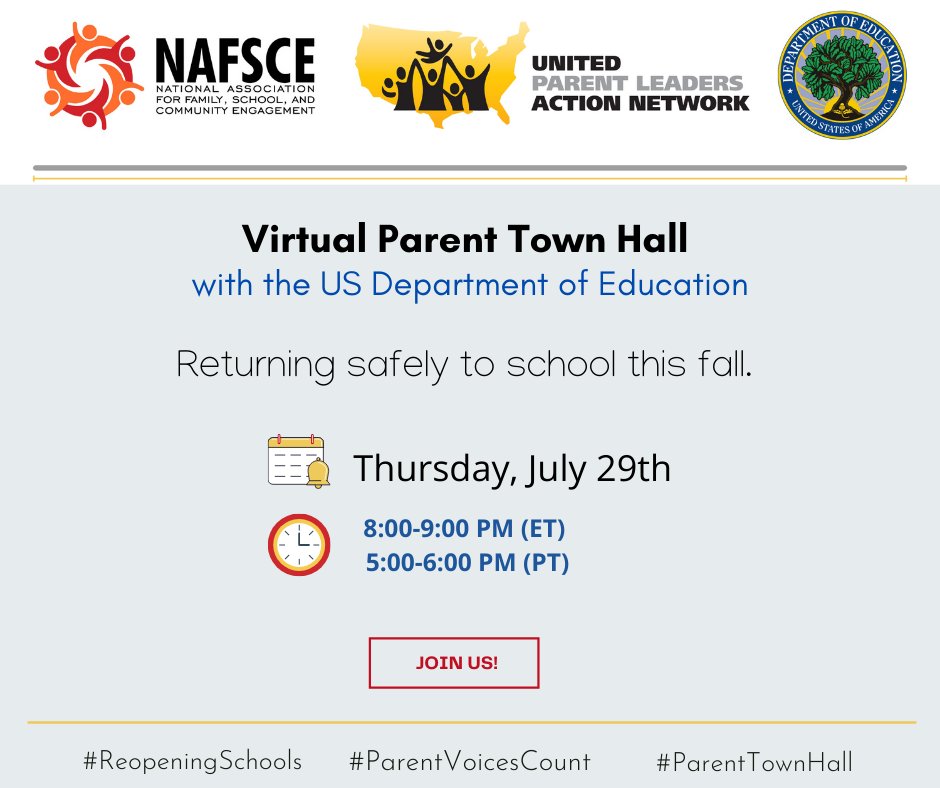 almaelissa's tweet image. 📣 Parents: worried about returning to school &amp;amp; your child's safety this fall? #ReopeningSchools #ParentVoicesCount #ParentTownHall

📍Virtual Parent Town Hall 
🔔 July 29th
⏰ 8 pm ET / 5pm PT
✅ Register: bit.ly/3hUmfXw

W/ @usedgov , @NAFSCE  , @UPLAN_USA  , @CDCgov
