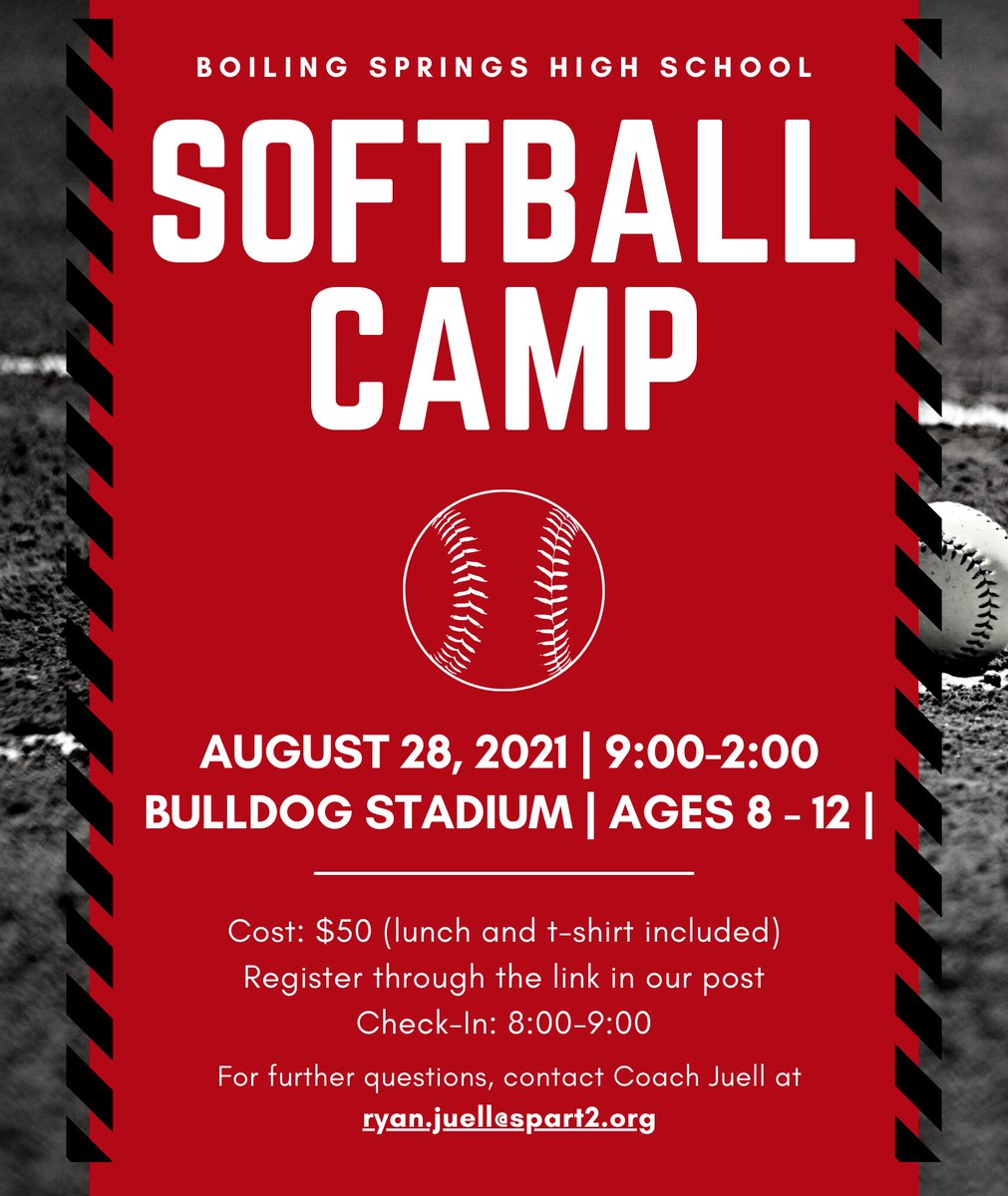 Join us for a day on the field! Bulldog Softball Camp will be held August 28th from 9-2 at Bulldog Stadium.

Please use the following link to pre-register so we can have a short order on t-shirts: bit.ly/bshscamp 

We hope to see you there!