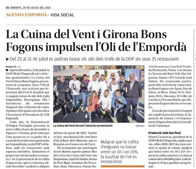 aehostaleria's tweet photo. La campanya #tastaoliempordà als setmanaris @emporda_info @diarihoranova per tastar l’oli de la #dopoliempordà als restaurants de @lacuinadelvent i de @bonsfogonsgi del 23 al 31 de juliol https://t.co/c8HA41sYMj