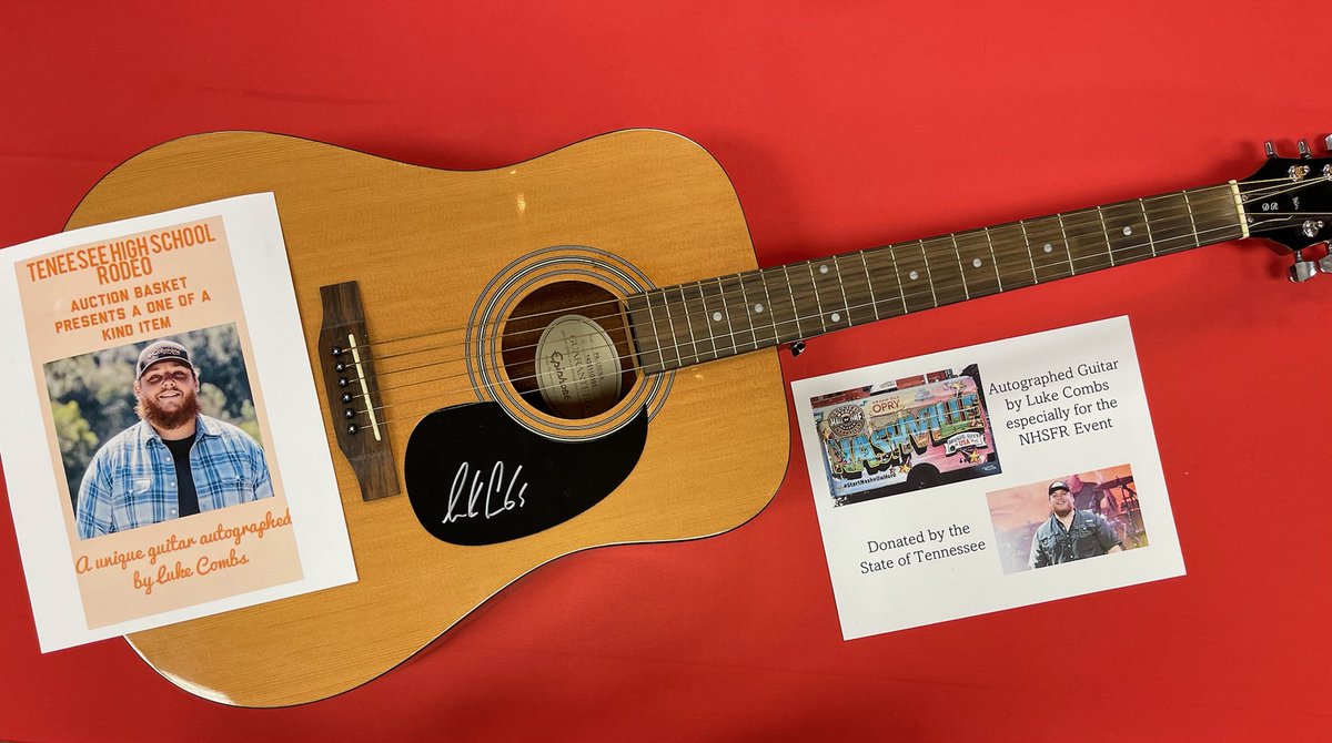 National High School Rodeo Foundation Silent Auction going on with TONS of great finds like this guitar autographed by Luke Combs! 🤩 Stop in today 10am-7pm.

Live auction Thursday, July 22 at 1PM in Pavilion 4.

Great way to support thousands of youth with scholarships. 😀